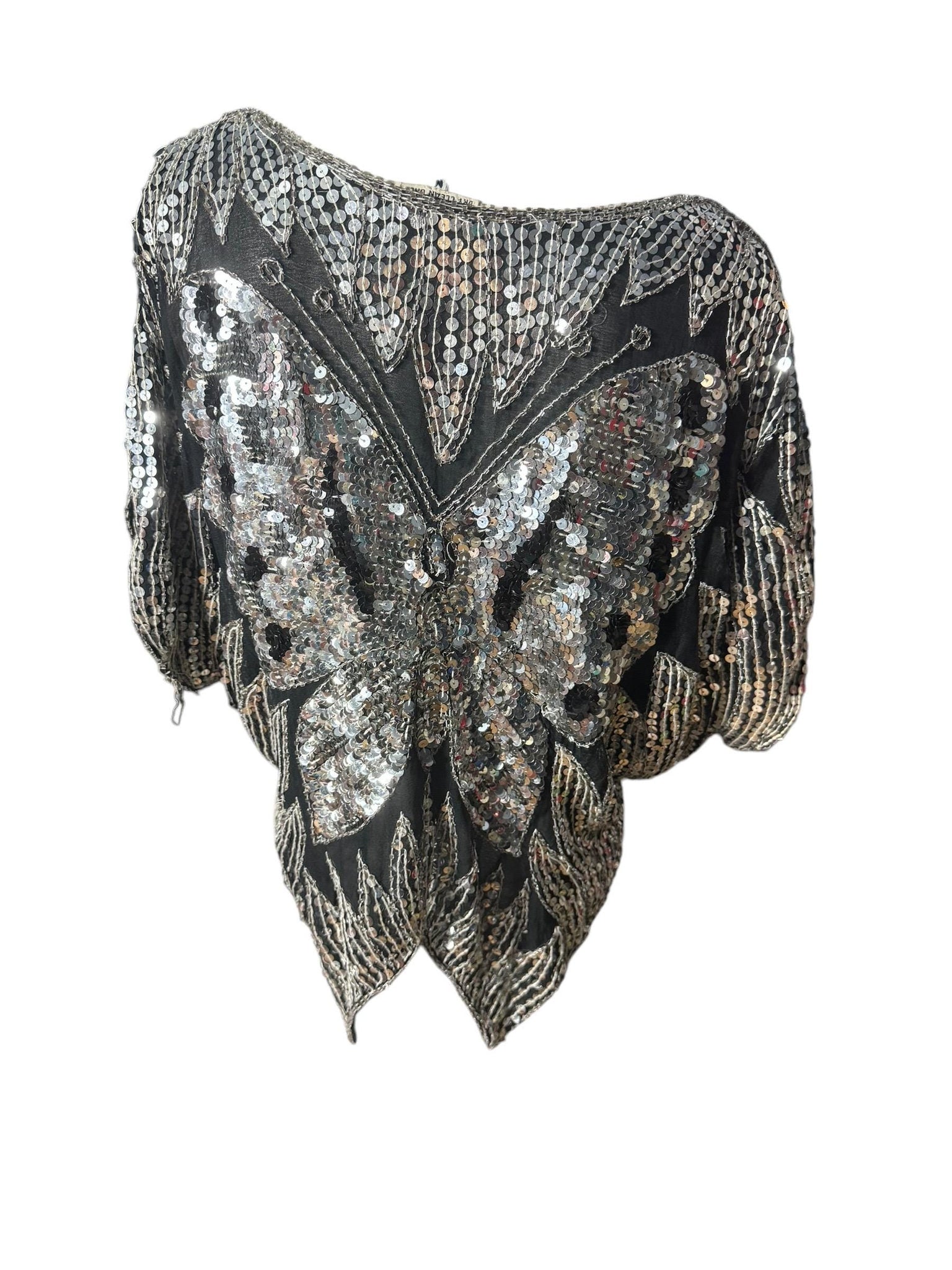 Vintage black & silver butterfly sequin top shirt M