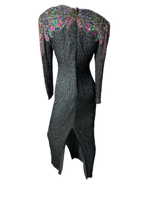 Vintage 80's black bead & sequin gown M