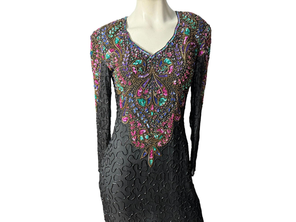 Vintage 80's black bead & sequin gown M