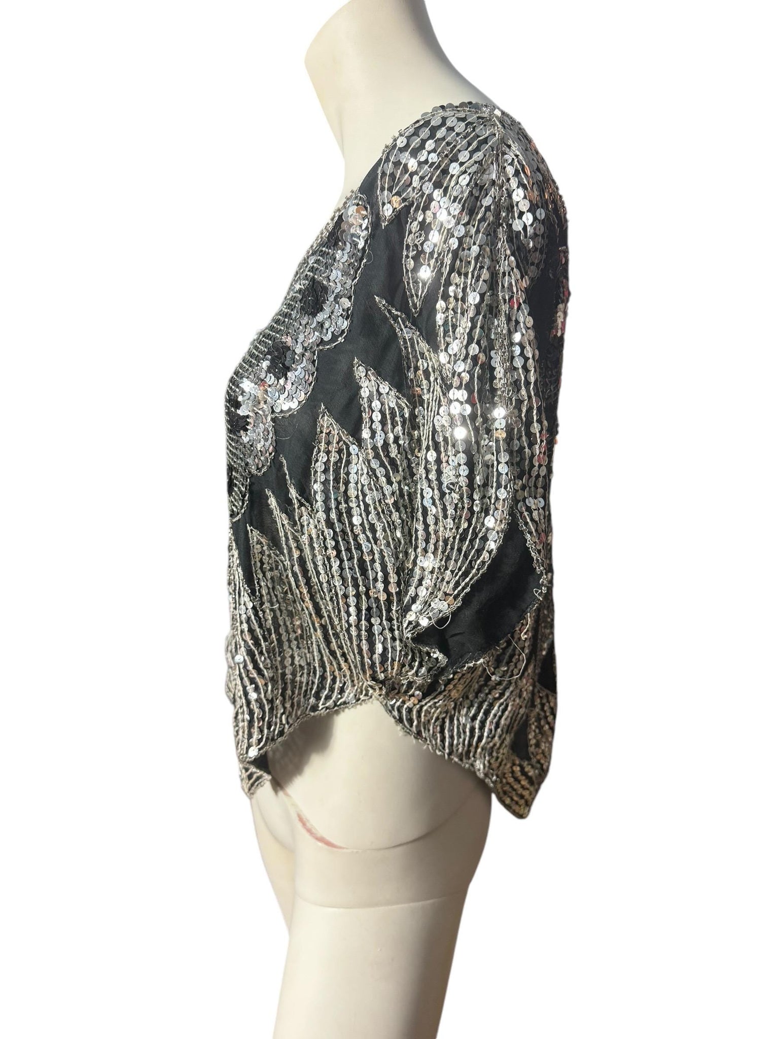 Vintage black & silver butterfly sequin top shirt M