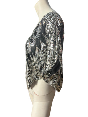 Vintage black & silver butterfly sequin top shirt M