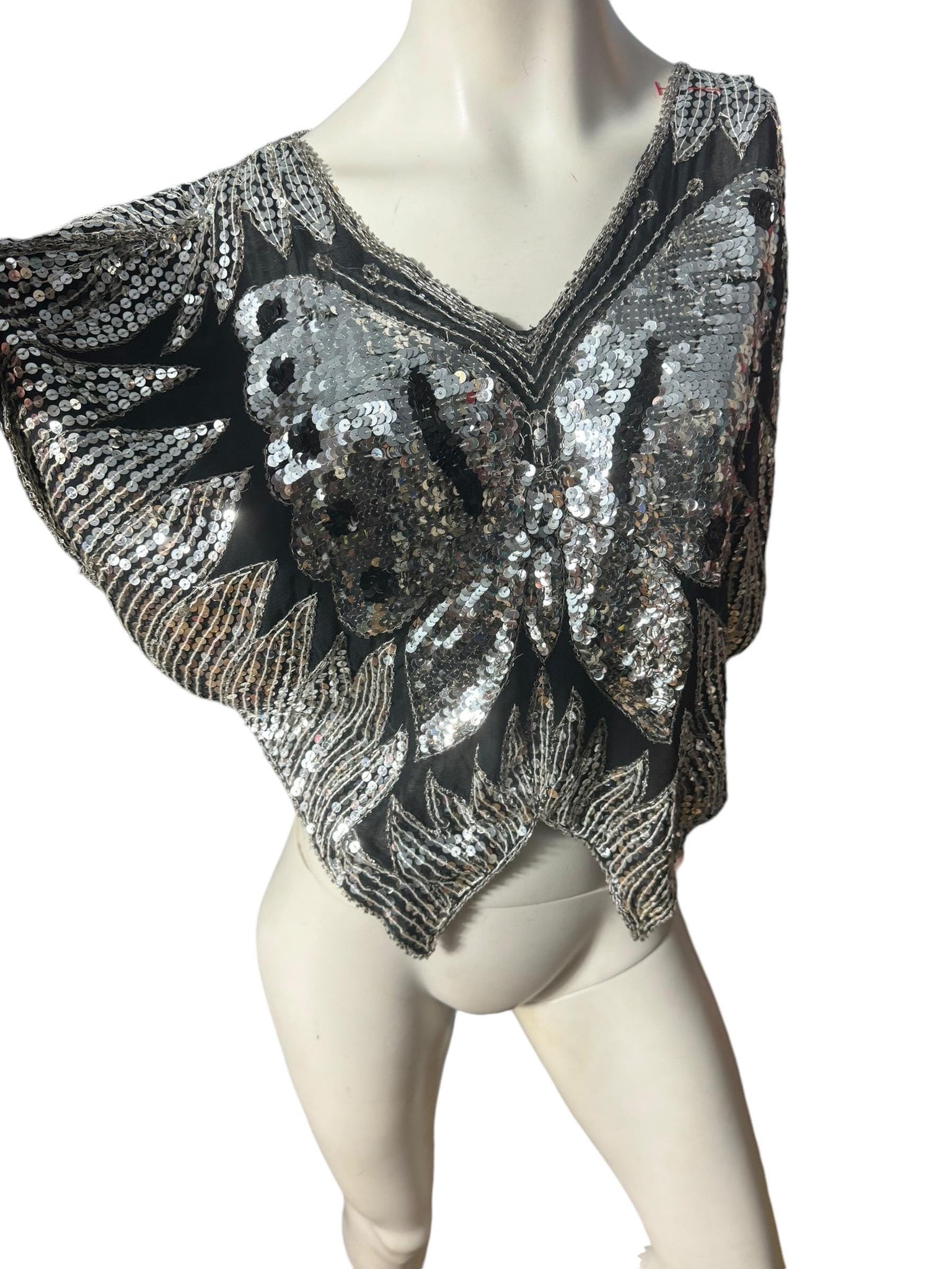 Vintage black & silver butterfly sequin top shirt M