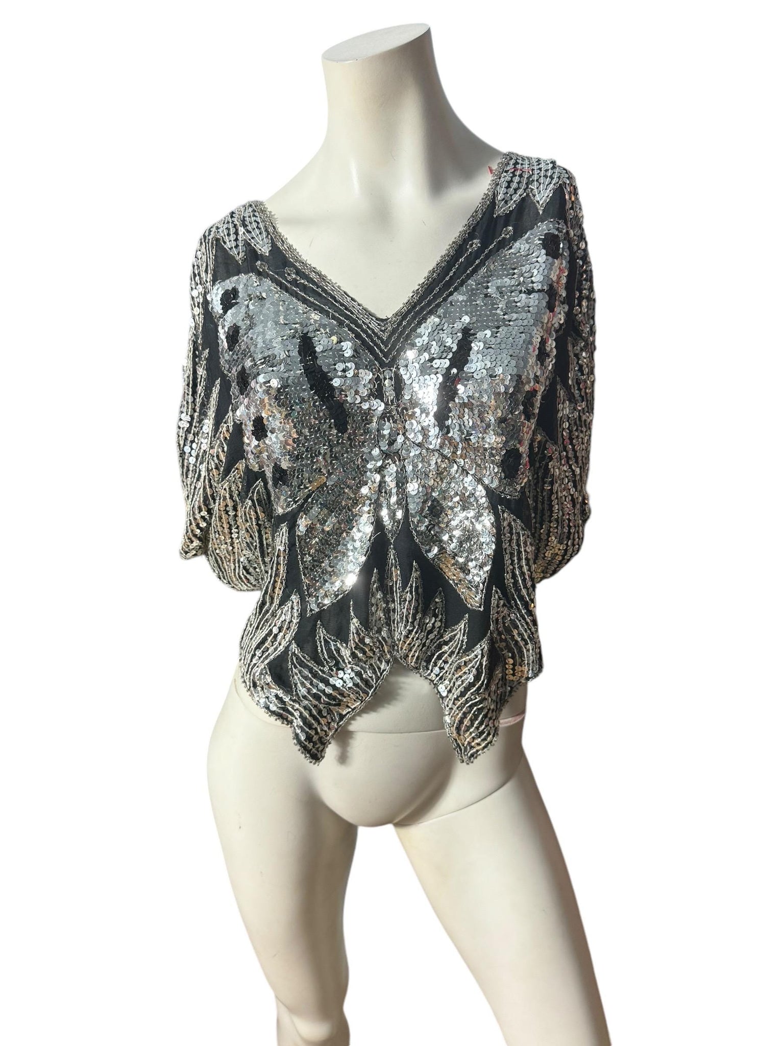 Vintage black & silver butterfly sequin top shirt M