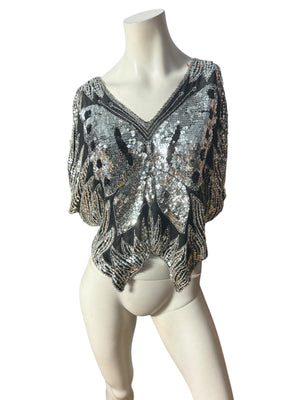 Vintage black & silver butterfly sequin top shirt M