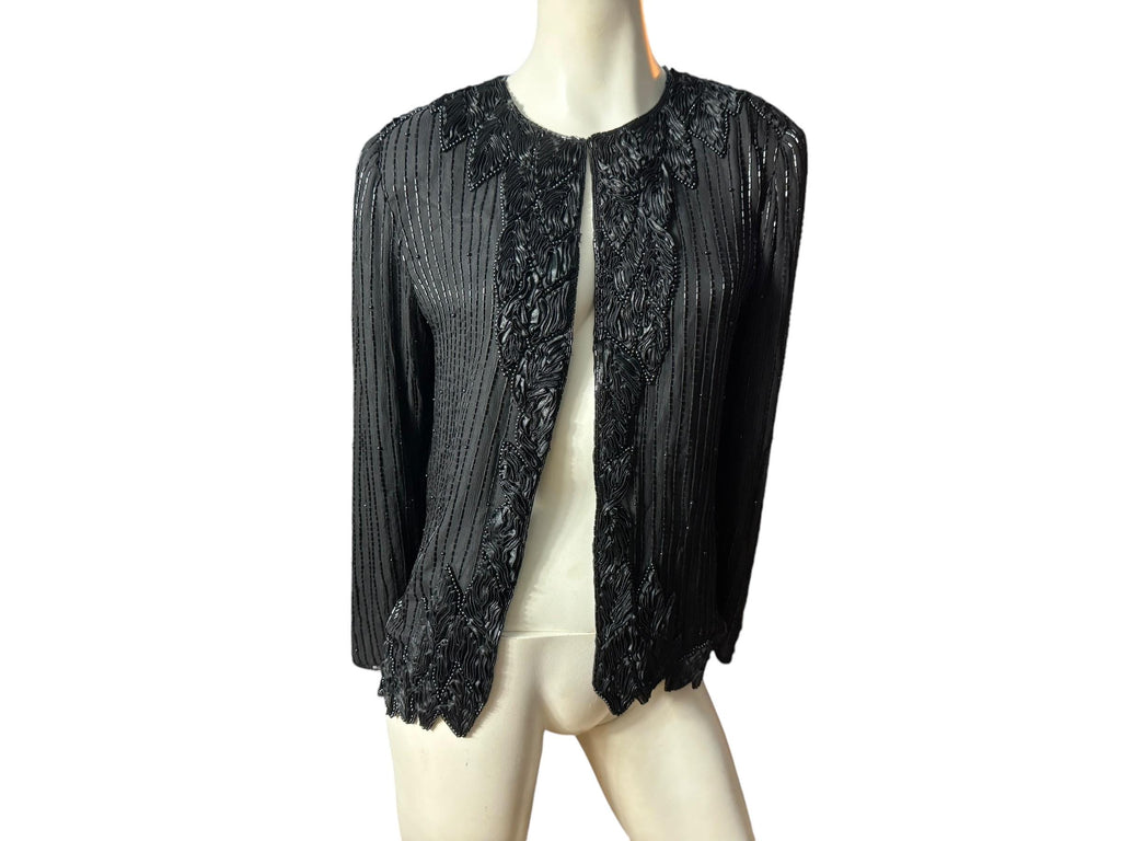 Vintage black bead silk jacket L