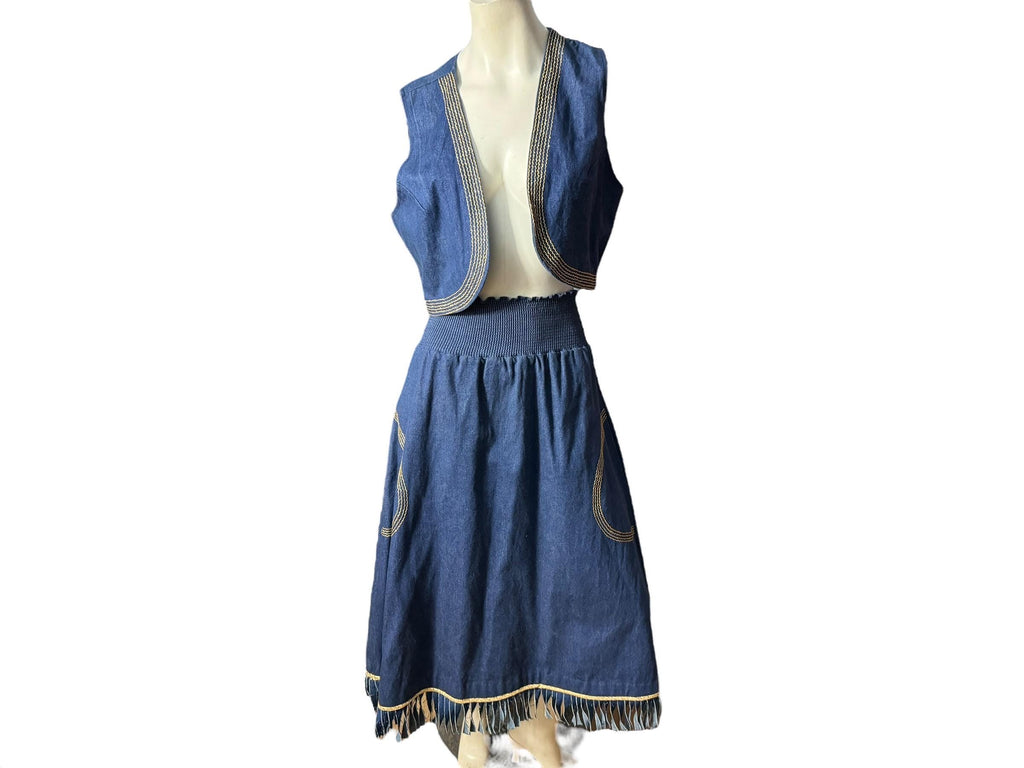 Vintage 80's blue jean and gold skirt & vest L