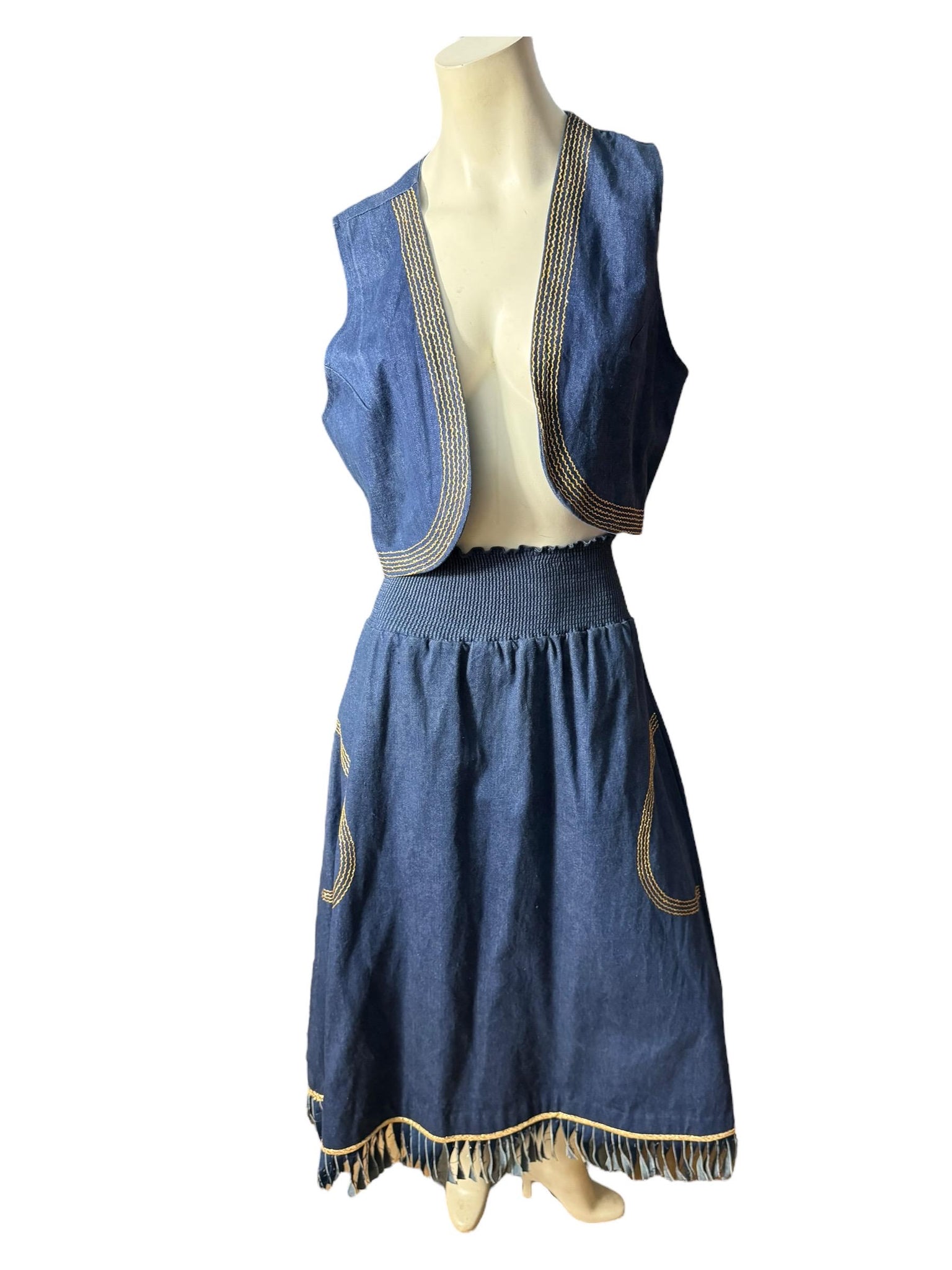 Vintage 80's blue jean and gold skirt & vest L