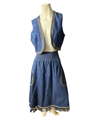 Vintage 80's blue jean and gold skirt & vest L