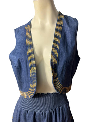 Vintage 80's blue jean and gold skirt & vest L