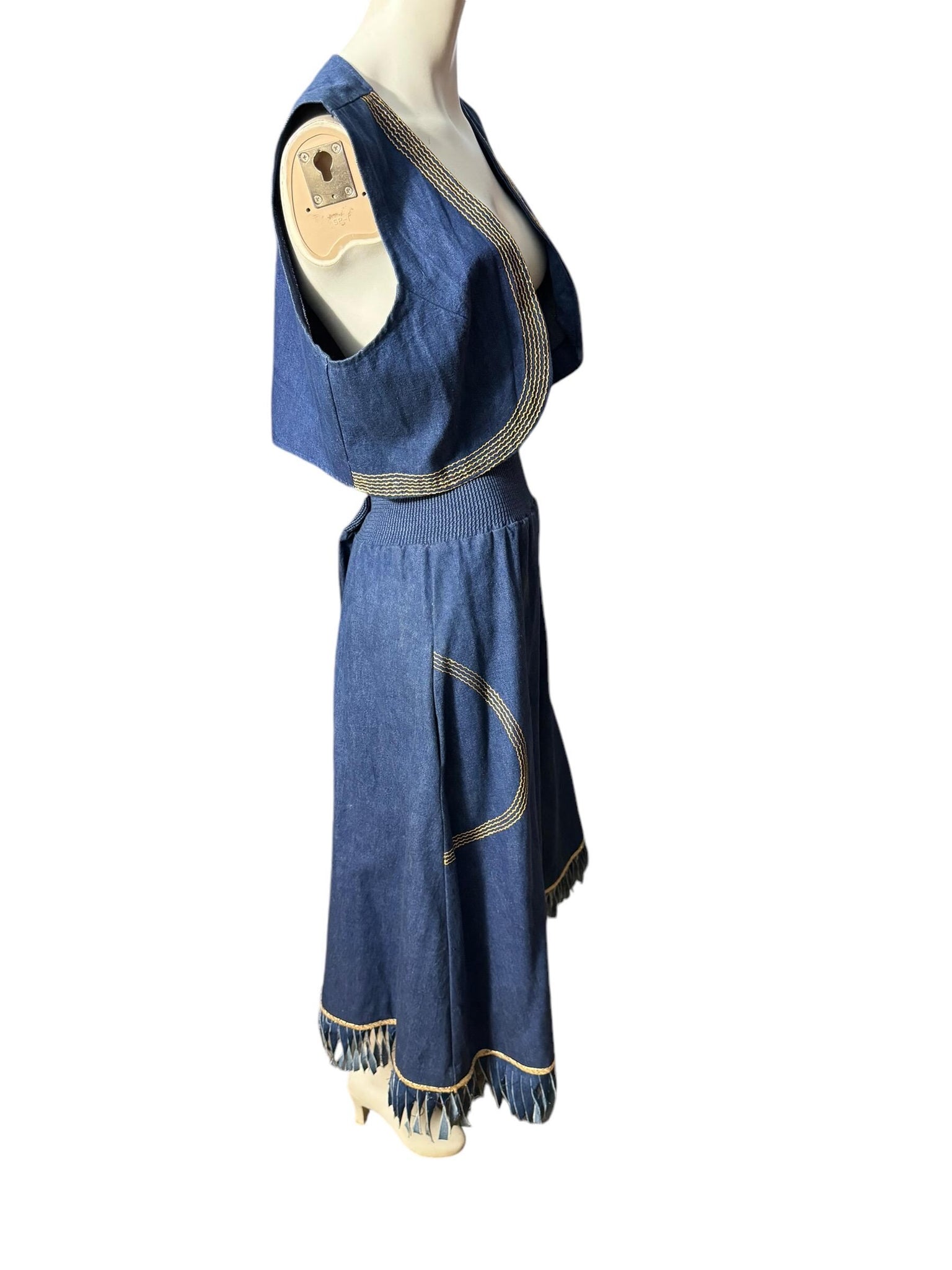 Vintage 80's blue jean and gold skirt & vest L