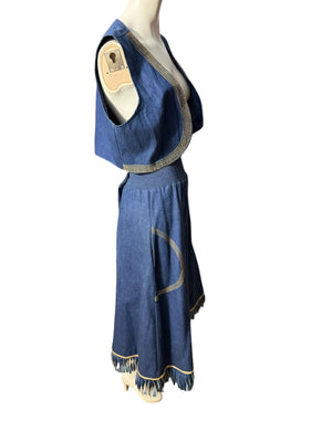 Vintage 80's blue jean and gold skirt & vest L