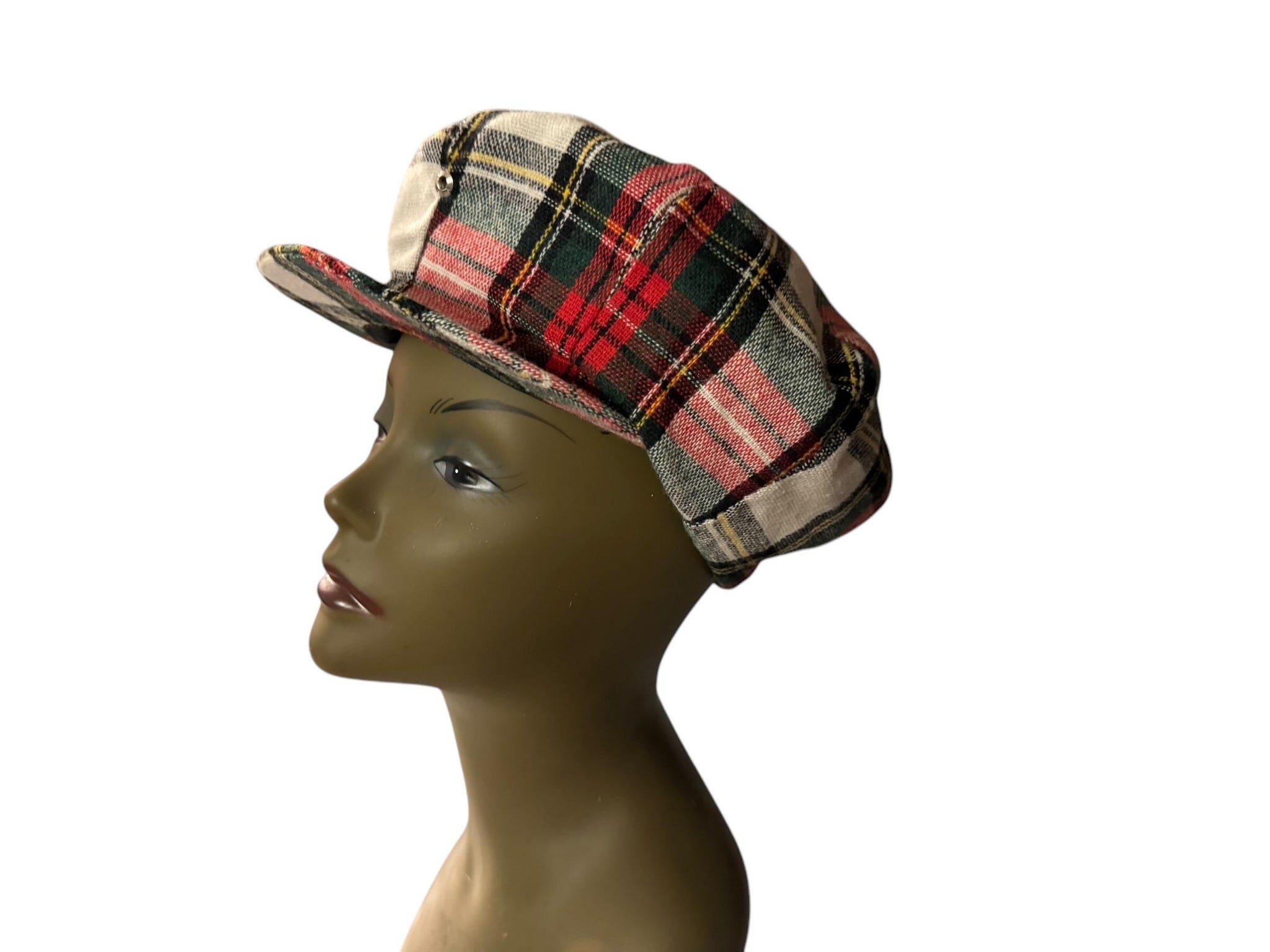 Vintage 70's newsboy cap hat red wool plaid