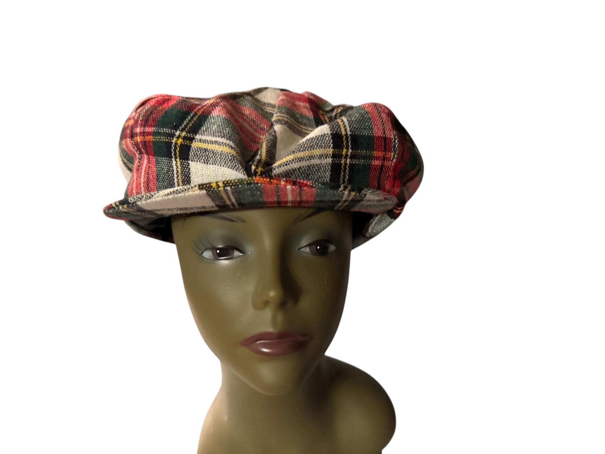 Vintage 70's newsboy cap hat red wool plaid