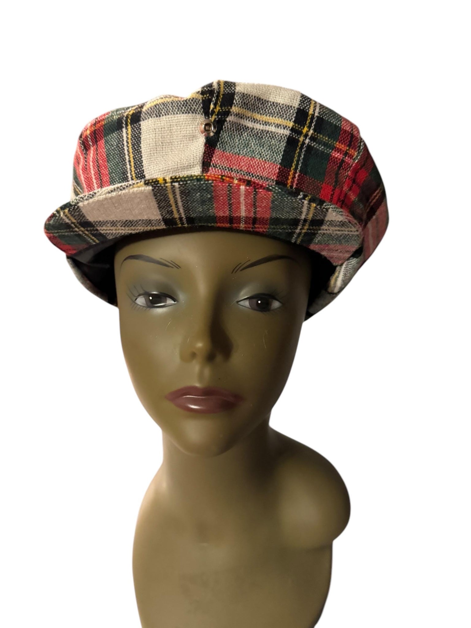 Vintage 70's newsboy cap hat red wool plaid