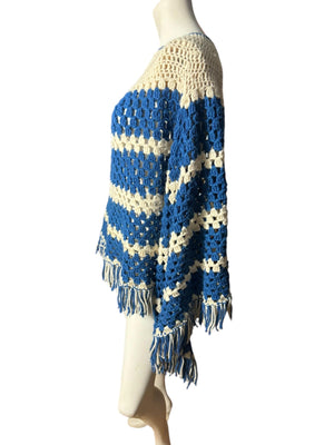 Vintage striped crochet shawl poncho blue & white