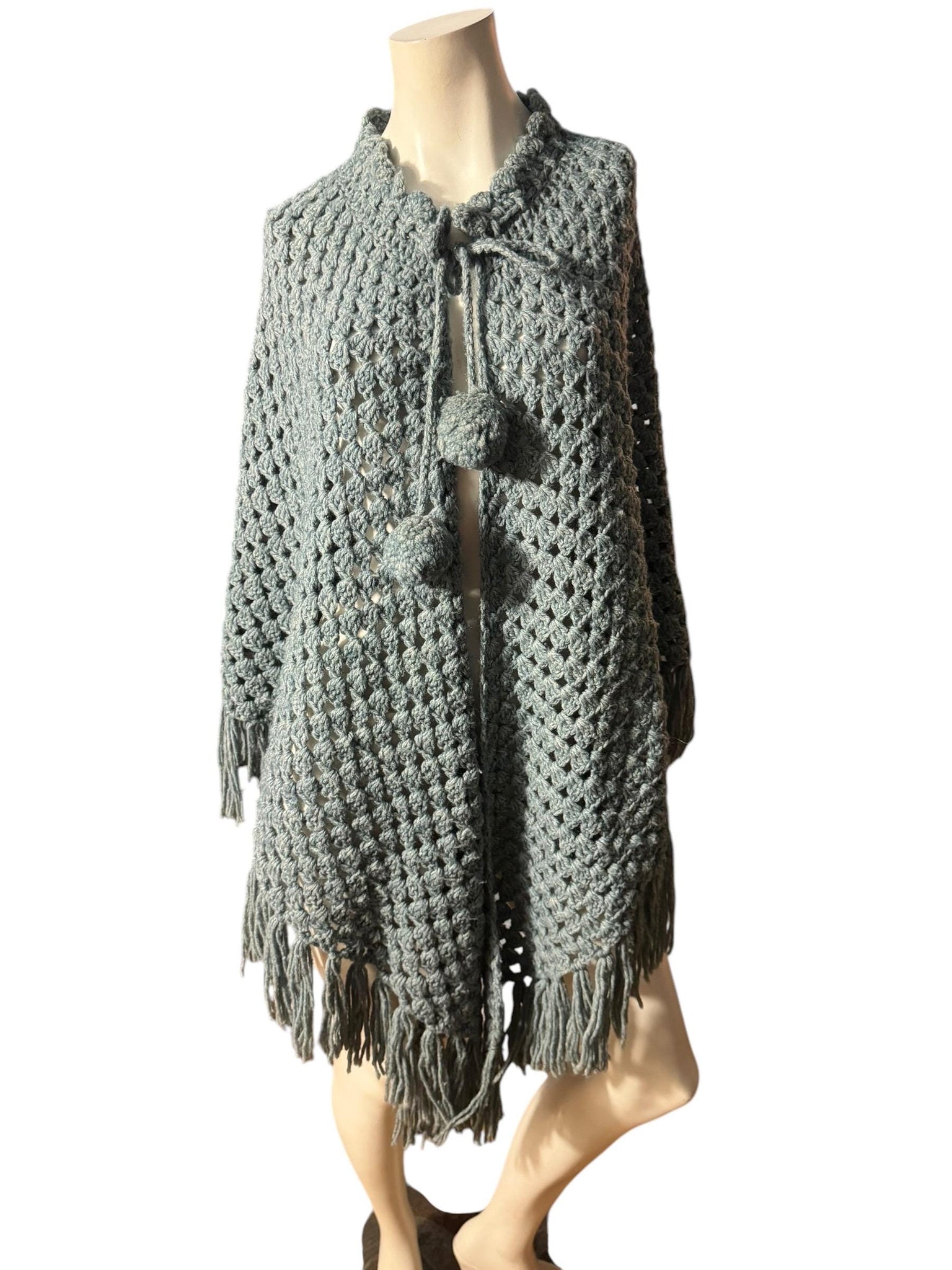 Vintage 70's gray crochet shawl with pom pom tie