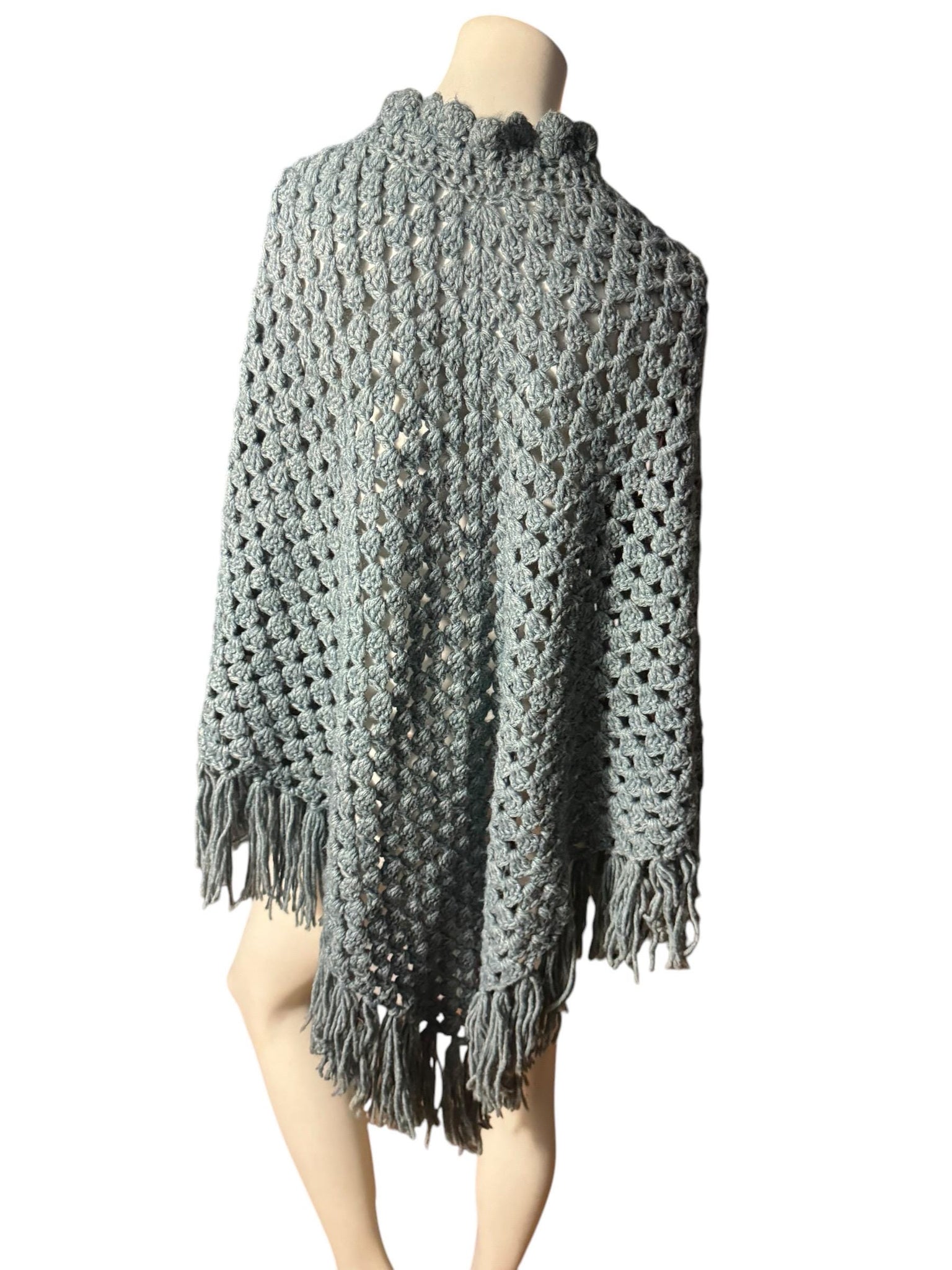 Vintage 70's gray crochet shawl with pom pom tie