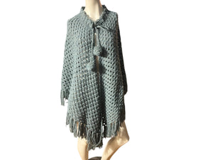 Vintage 70's gray crochet shawl with pom pom tie