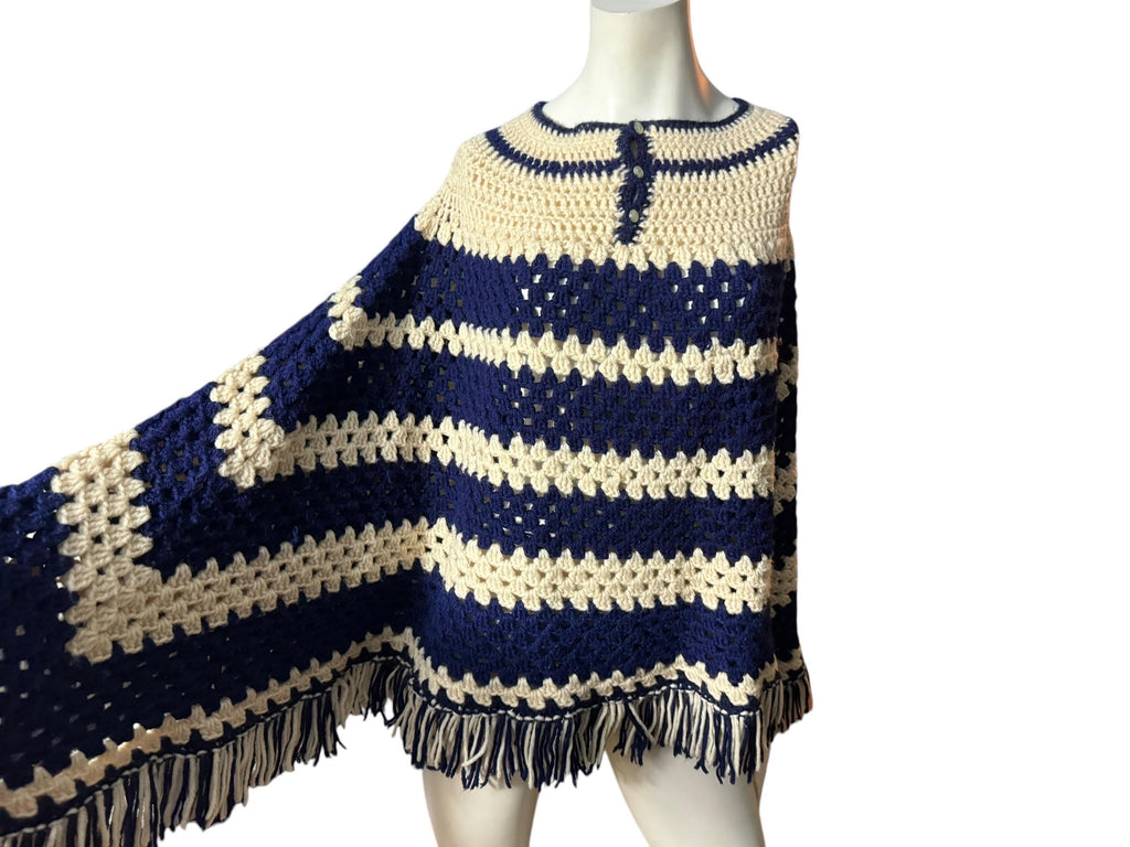 Vintage blue and white crochet shawl poncho