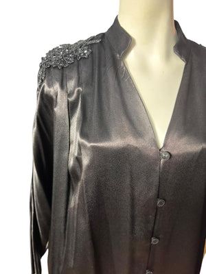 Vintage 80's black silky bead dress L XL More-Jazz