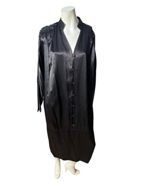 Vintage 80's black silky bead dress L XL More-Jazz