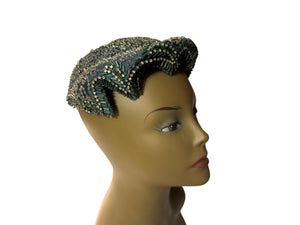 vintage 40's bead fascinator hat blue/green