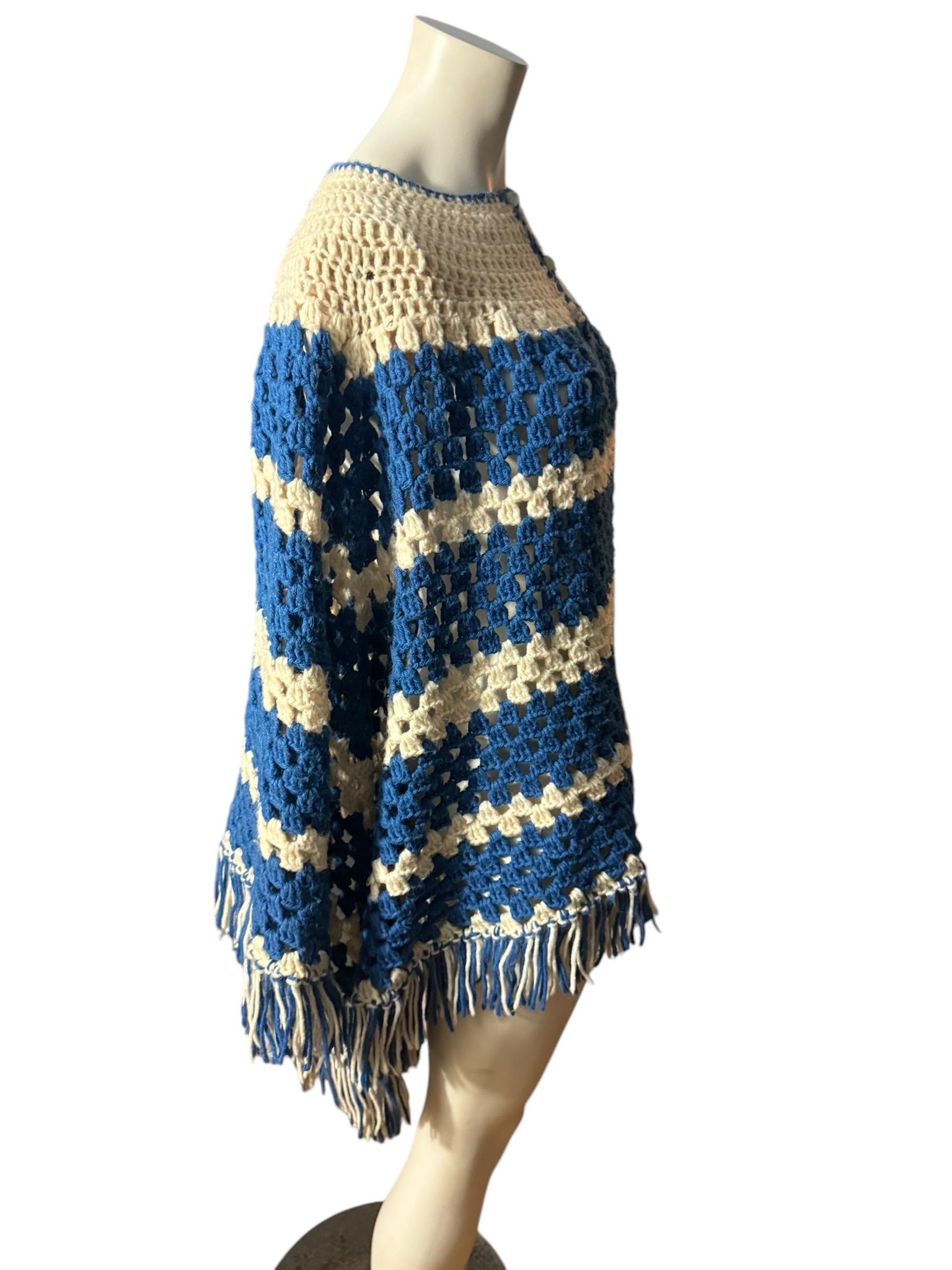 Vintage striped crochet shawl poncho blue & white