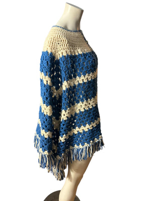 Vintage striped crochet shawl poncho blue & white