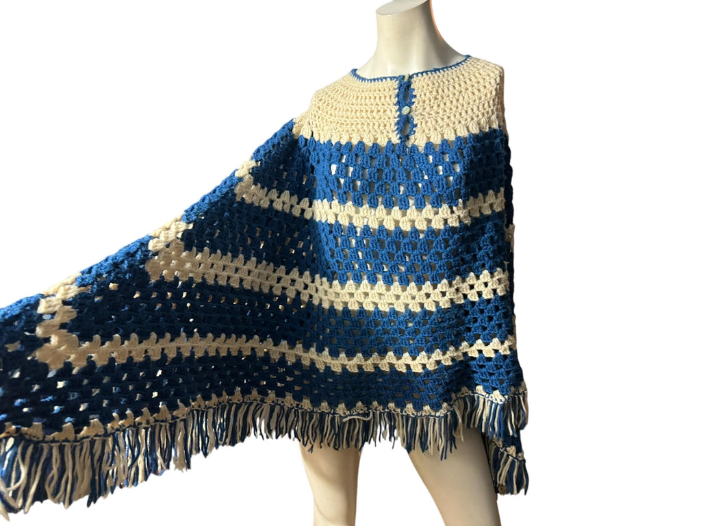 Vintage striped crochet shawl poncho blue & white