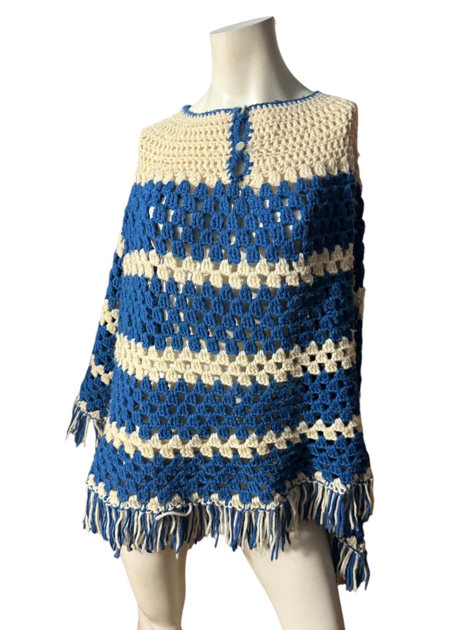 Vintage striped crochet shawl poncho blue & white