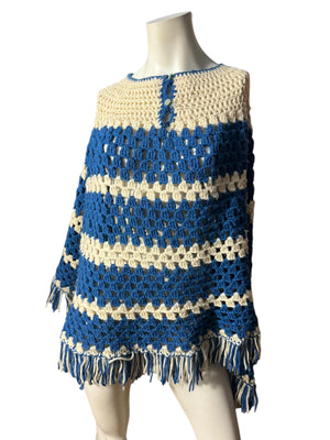 Vintage striped crochet shawl poncho blue & white