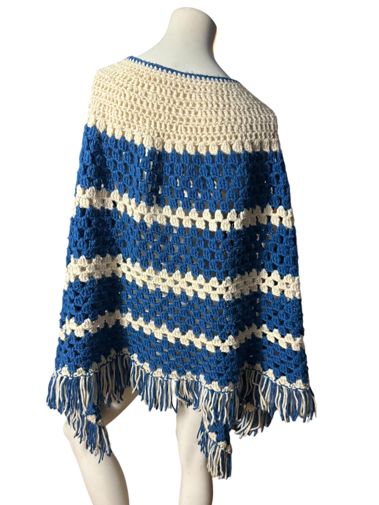 Vintage striped crochet shawl poncho blue & white