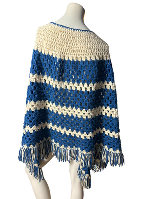 Vintage striped crochet shawl poncho blue & white