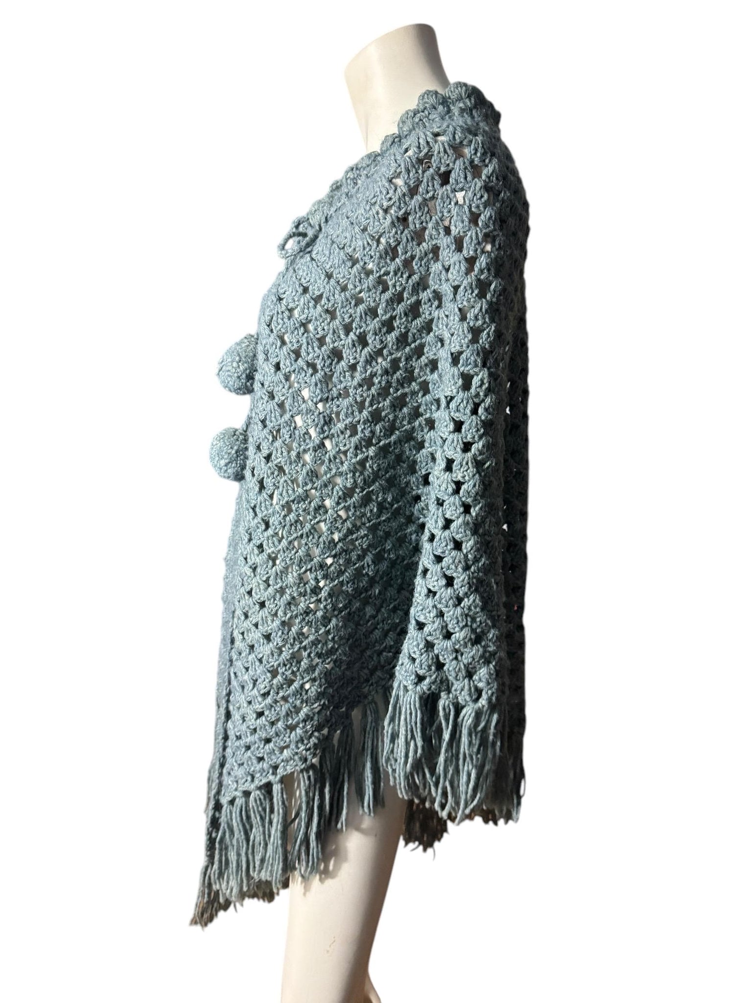 Vintage 70's gray crochet shawl with pom pom tie