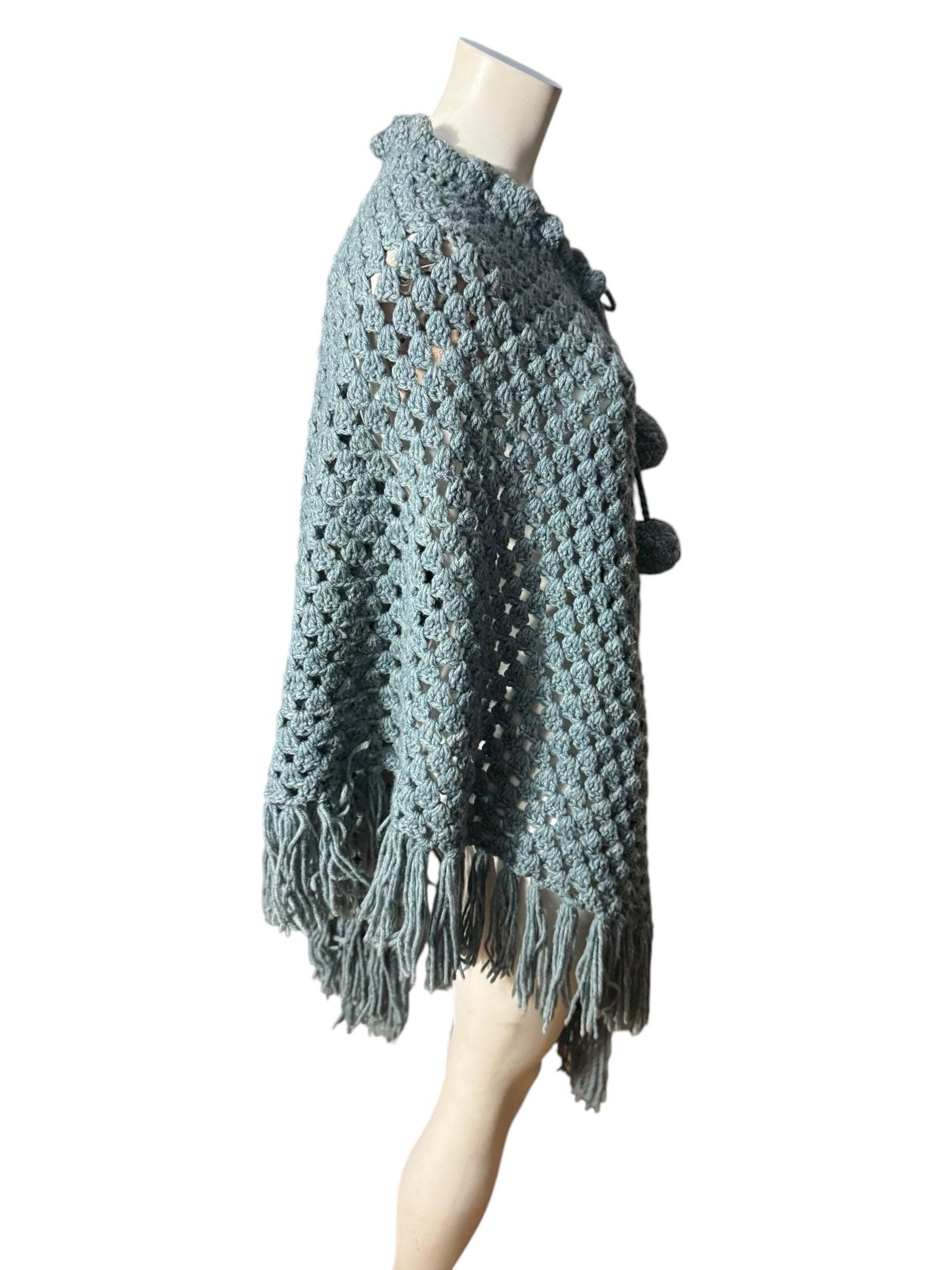 Vintage 70's gray crochet shawl with pom pom tie