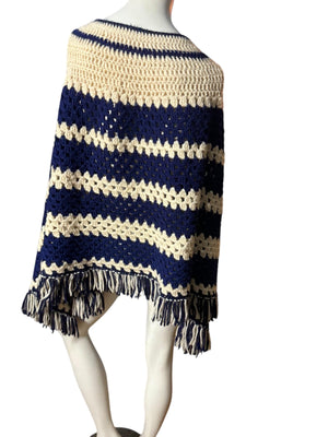 Vintage blue and white crochet shawl poncho