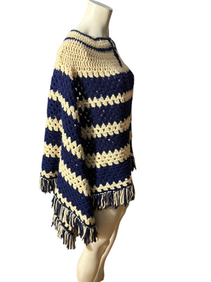 Vintage blue and white crochet shawl poncho