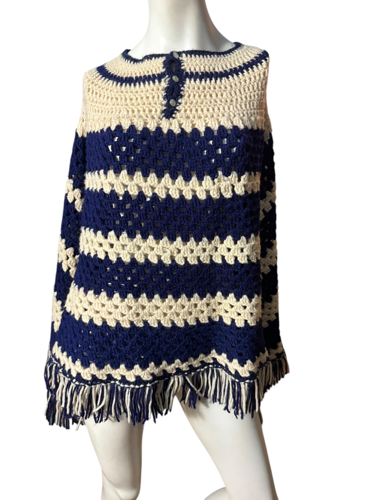 Vintage blue and white crochet shawl poncho