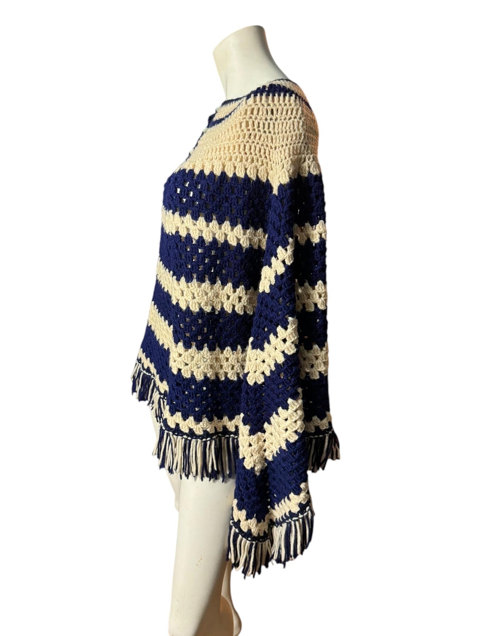 Vintage blue and white crochet shawl poncho