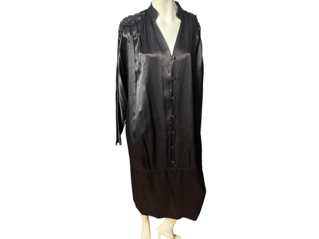 Vintage 80's black silky bead dress L XL More-Jazz