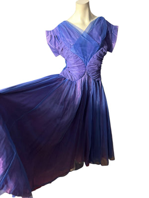 Vintage 40's Emma Domb blue & purple formal dress gown L