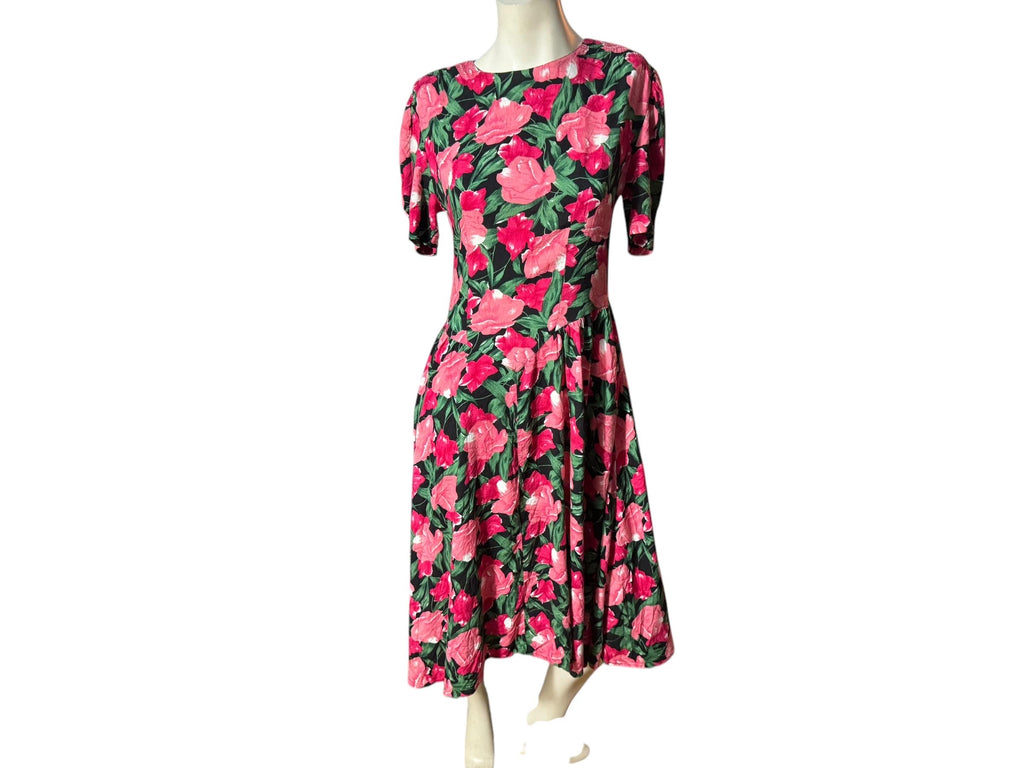 Vintage 80's floral pink rayon dress M Country Romance