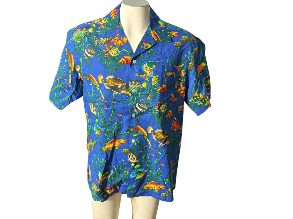Vintage 80's Hawaiian shirt L Wave fish pattern