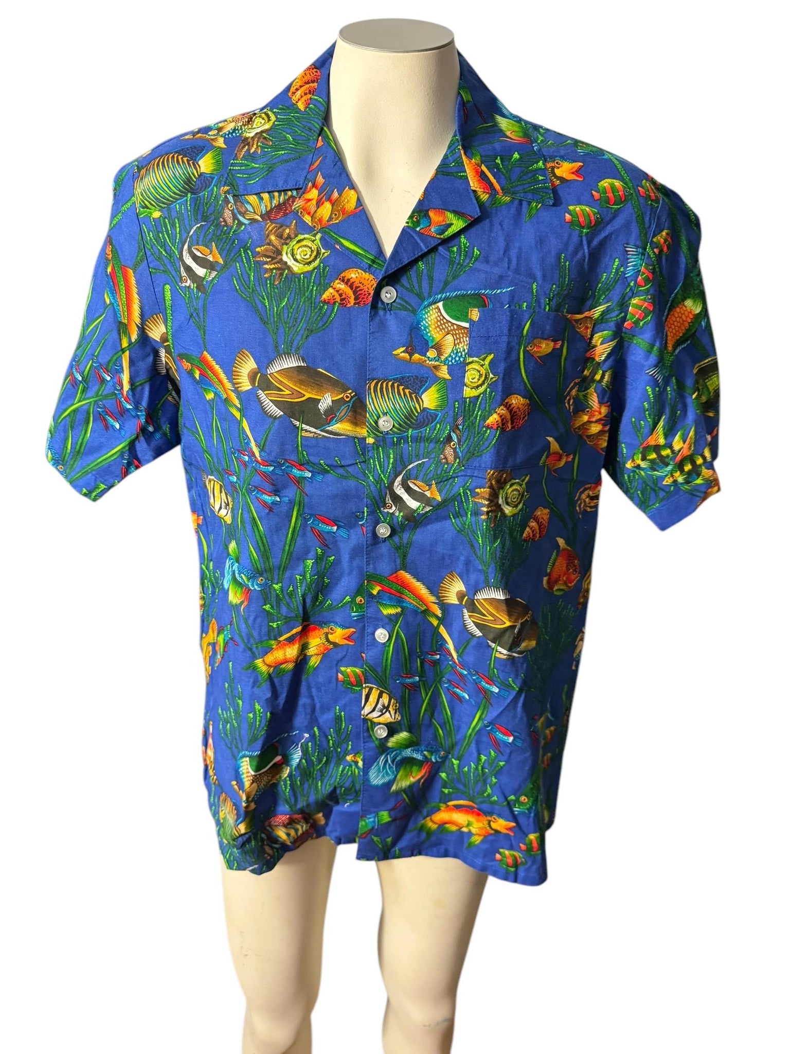 Vintage 80's Hawaiian shirt L Wave fish pattern
