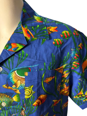 Vintage 80's Hawaiian shirt L Wave fish pattern
