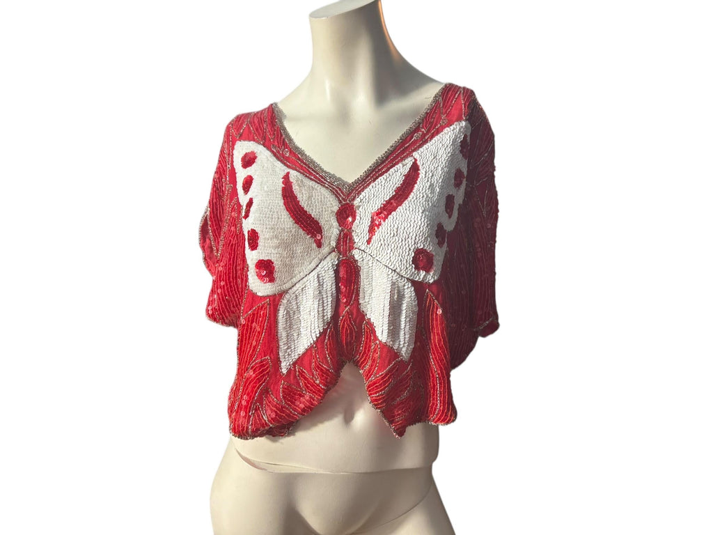 Vintage red & white butterfly sequin top shirt M L