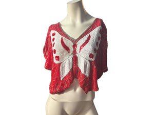 Vintage red & white butterfly sequin top shirt M L