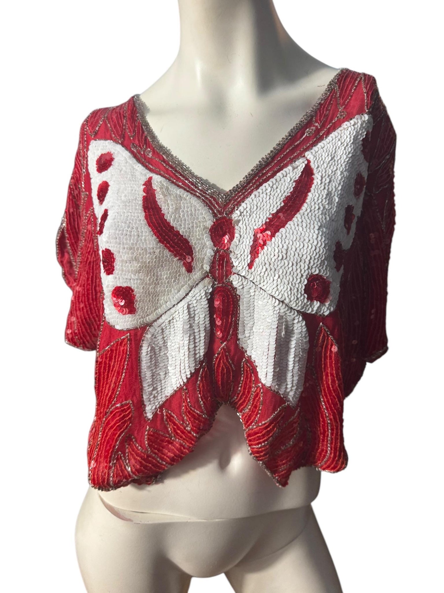 Vintage red & white butterfly sequin top shirt M L
