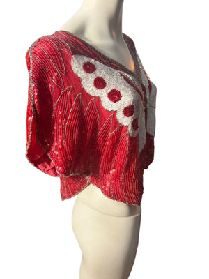 Vintage red & white butterfly sequin top shirt M L
