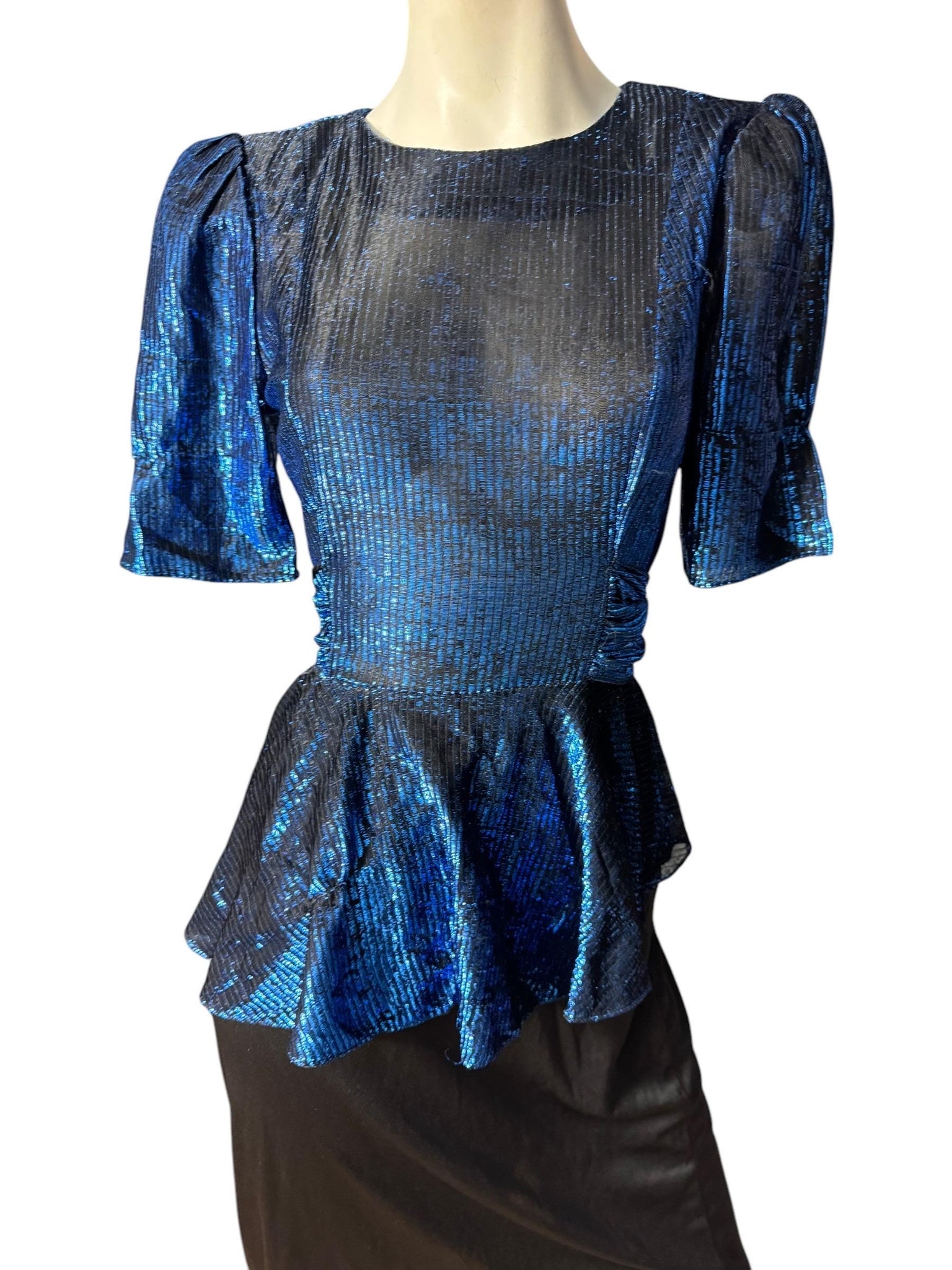 Vintage 80's blue & black peplum party dress M